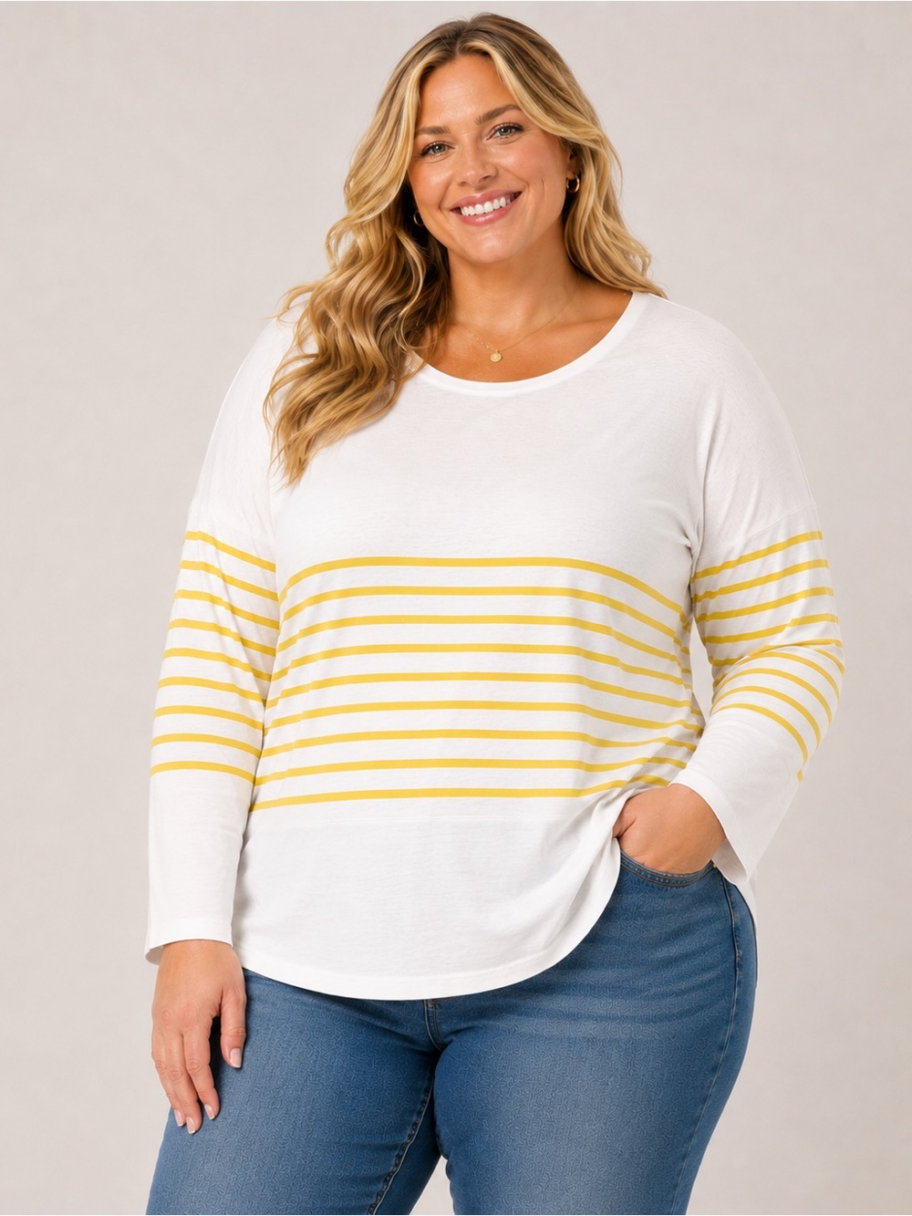 Lane Bryant Womens White Yellow Striped 3/4 Sleeve T-Shirt Casual